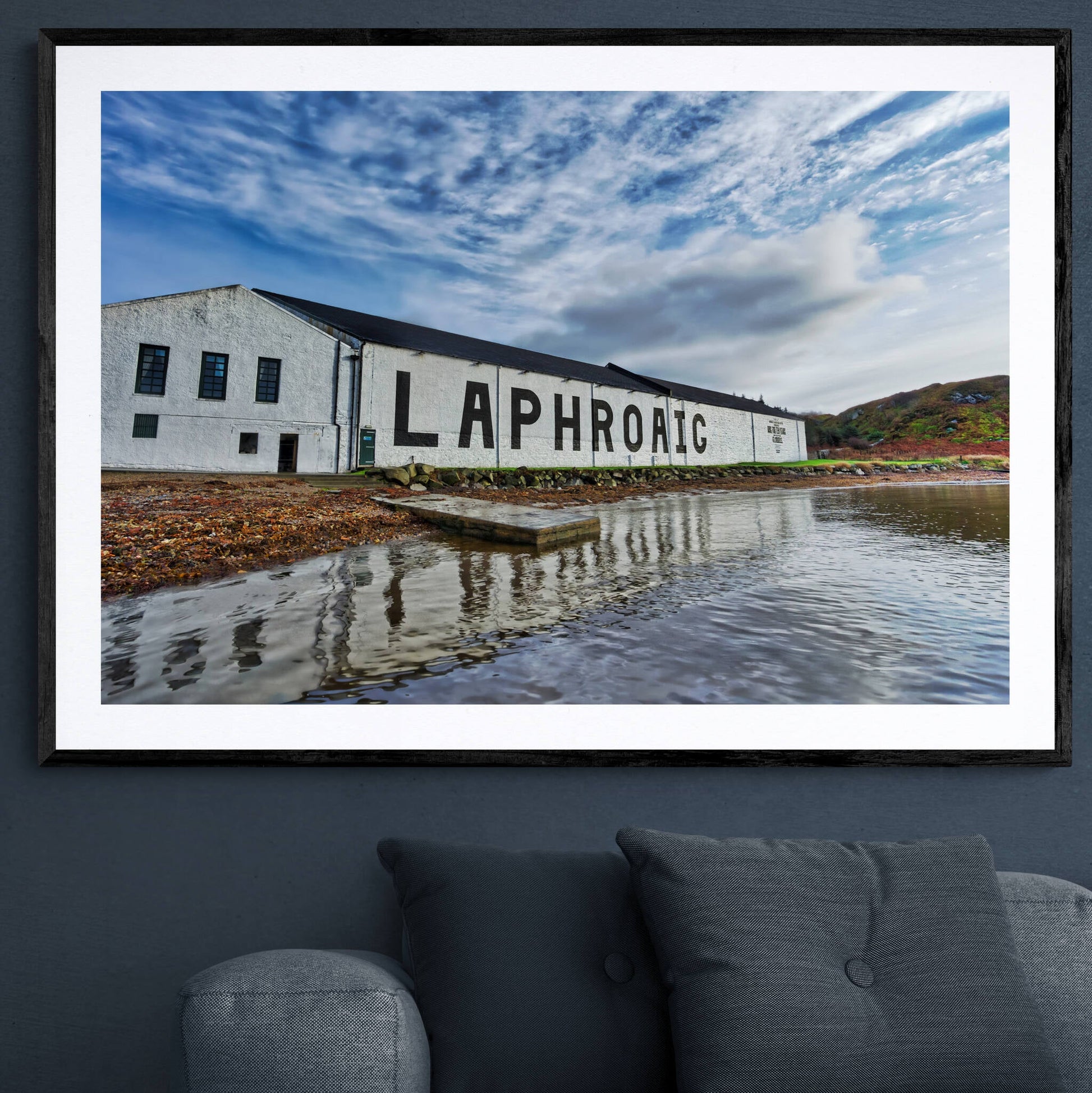 Laphroaig Distillery Warehouse Full Colour Framed & Mounted Print 40"x28" / Black Frame