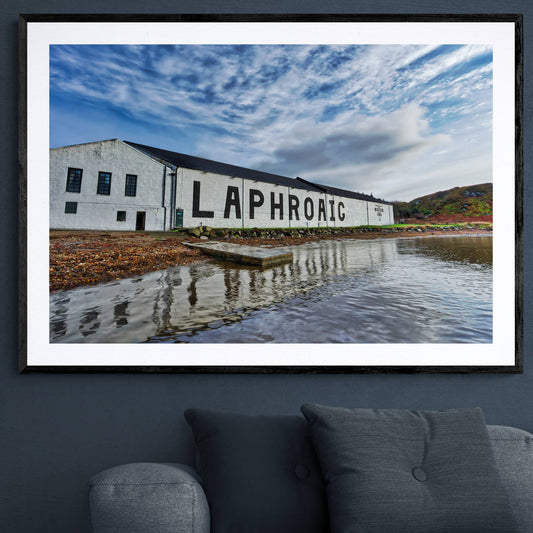 Laphroaig Distillery Warehouse Full Colour Framed & Mounted Print 40"x28" / Black Frame