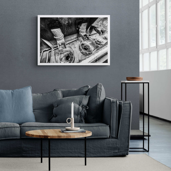Low Wines Receiver Bowls Black and White Hahnemühle Photo Rag Print 30"x20" by Wandering Spirits Global