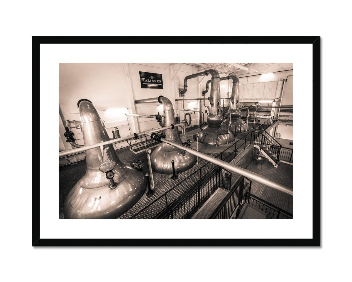 Low Wines and Wash Stills Talisker Golden Toned Framed & Mounted Print 28"x20" / Black Frame by Wandering Spirits Global