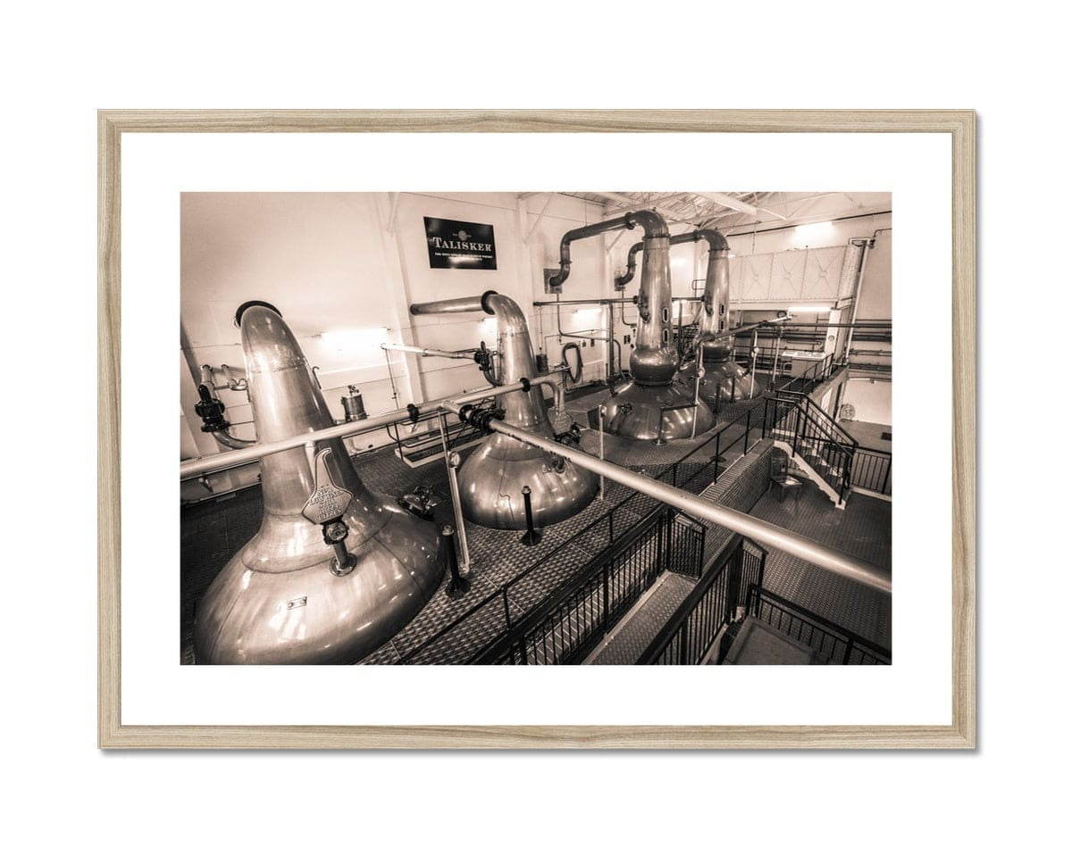 Low Wines and Wash Stills Talisker Golden Toned Framed & Mounted Print 28"x20" / Natural Frame by Wandering Spirits Global