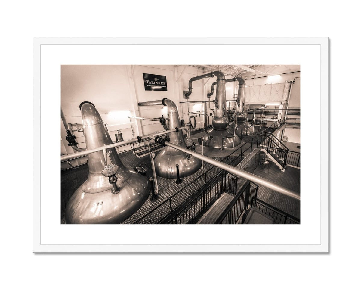 Low Wines and Wash Stills Talisker Golden Toned Framed & Mounted Print 28"x20" / White Frame by Wandering Spirits Global