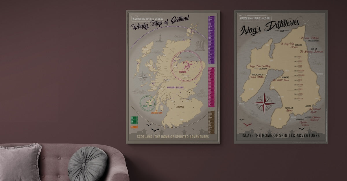 Scotland Whisky Distillery Map and Islay Distilleries Map posters on a wall