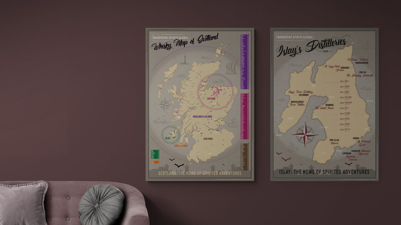 Scotland Whisky Distillery Map and Islay Distilleries Map posters on a wall