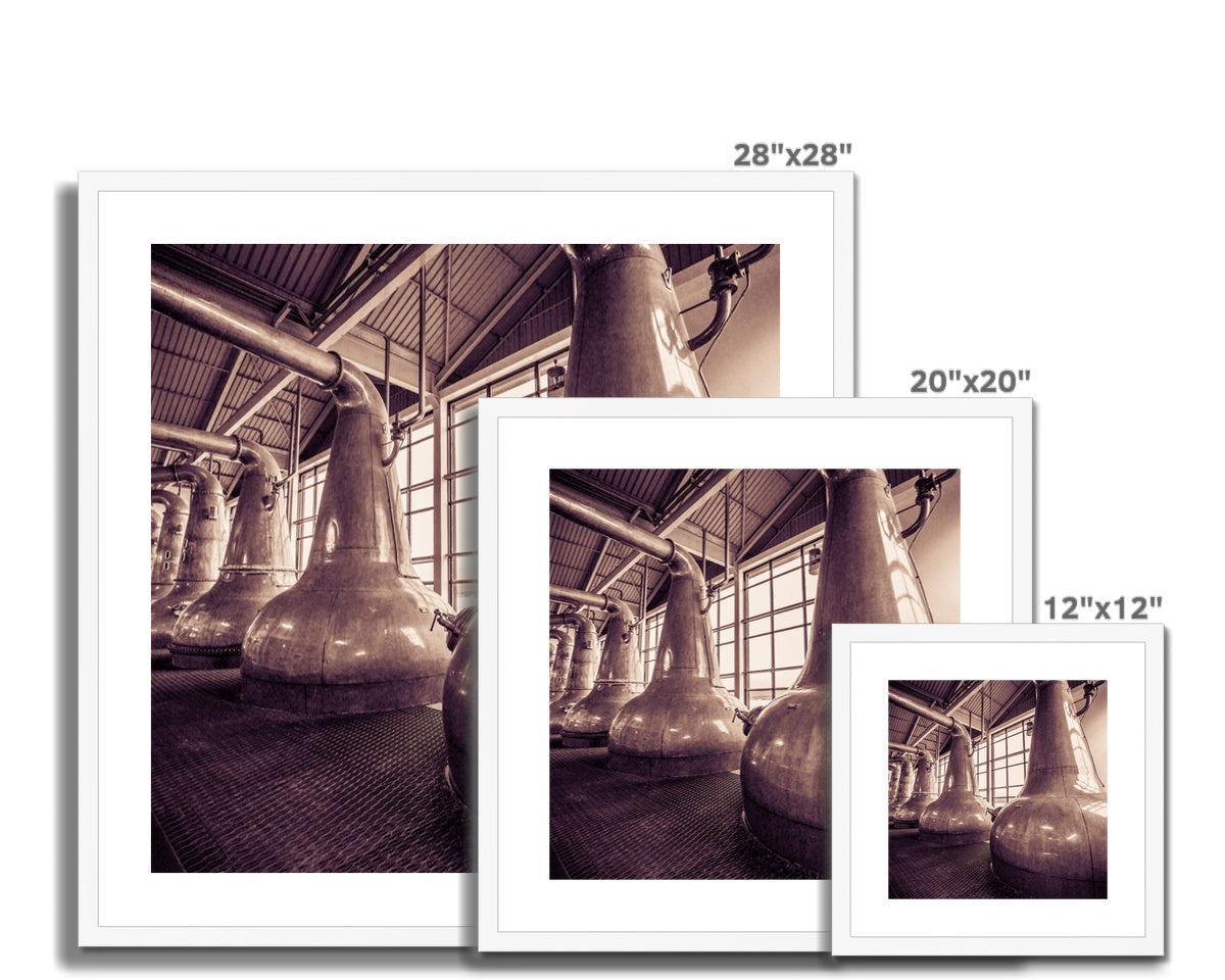 Still Squadron Caol Ila Sepia Toned Framed & Mounted Print 12"x12" / White Frame by Wandering Spirits Global