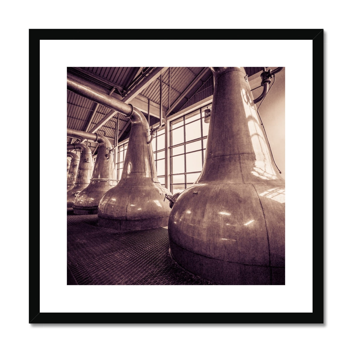 Still Squadron Caol Ila Sepia Toned Framed & Mounted Print 20"x20" / Black Frame by Wandering Spirits Global