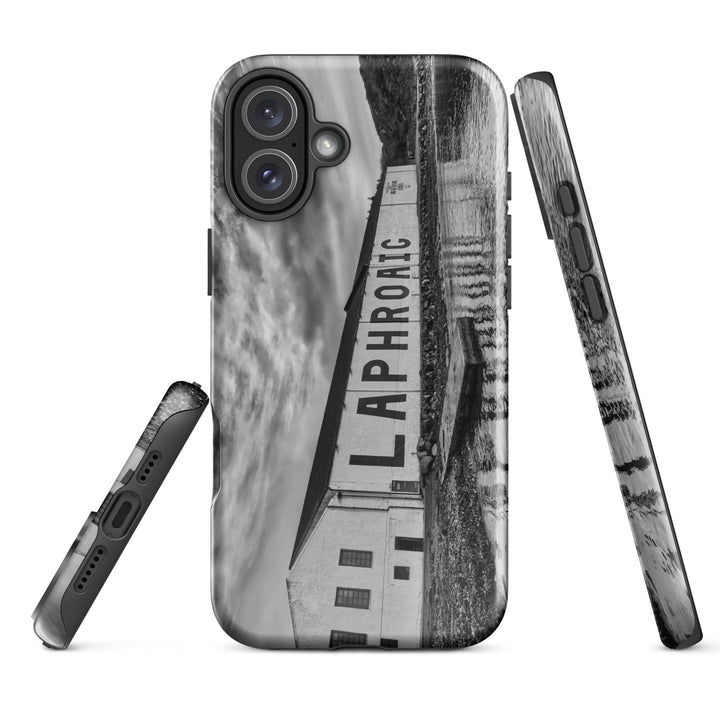 Laphroaig Distillery Warehouse Black and White Tough iPhone Case Glossy / iPhone 16 Plus by Wandering Spirits Global