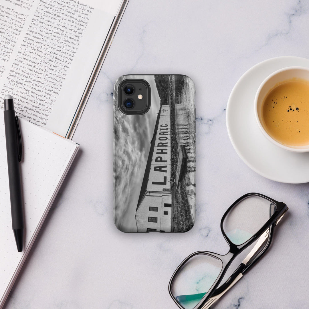Laphroaig Distillery Warehouse Black and White Tough iPhone Case Matte / iPhone 11 by Wandering Spirits Global