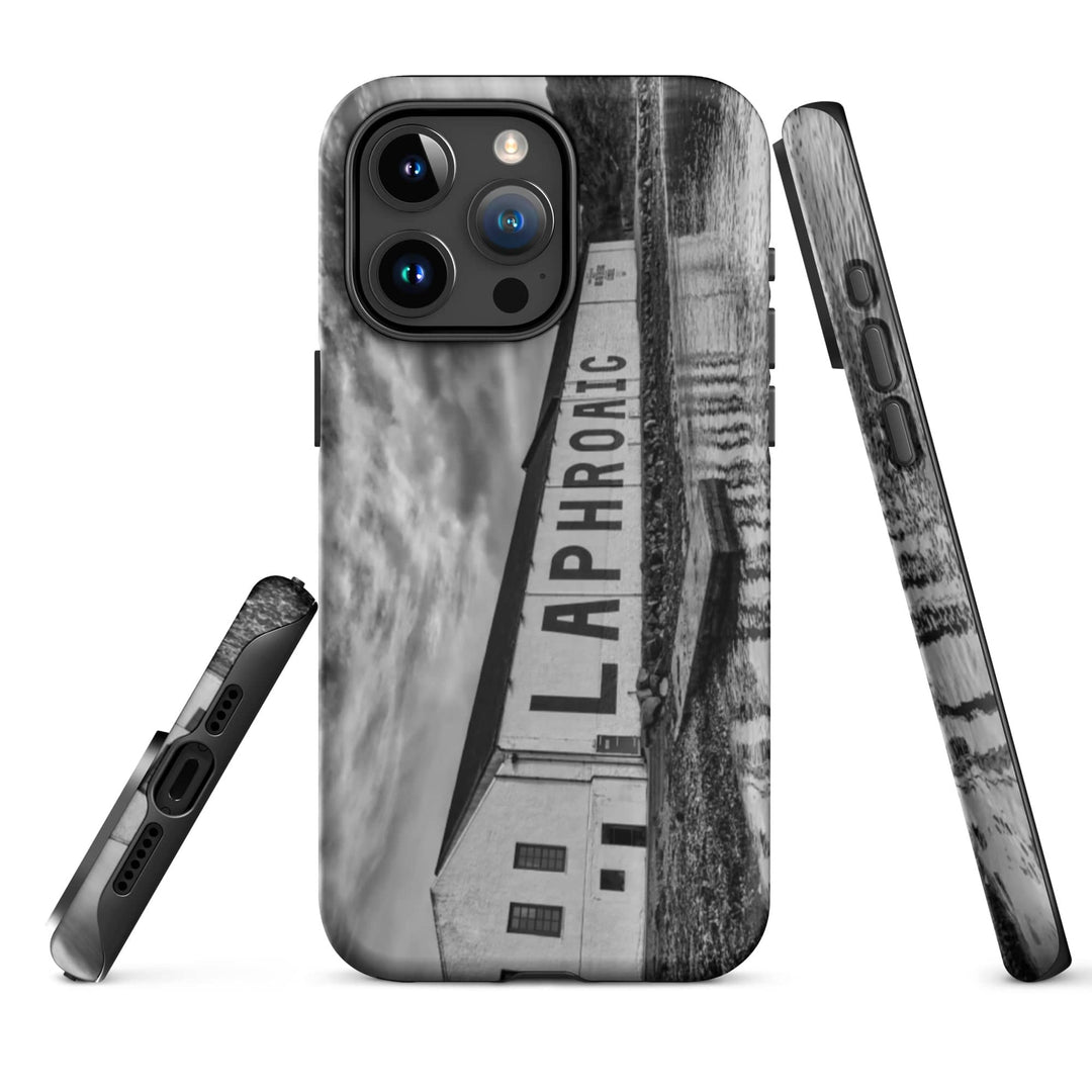 Laphroaig Distillery Warehouse Black and White Tough iPhone Case Matte / iPhone 15 Pro Max by Wandering Spirits Global