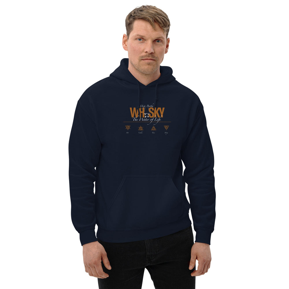 Whisky The Water of Life (AMBER) Unisex Hoodie Navy / S by Wandering Spirits Global
