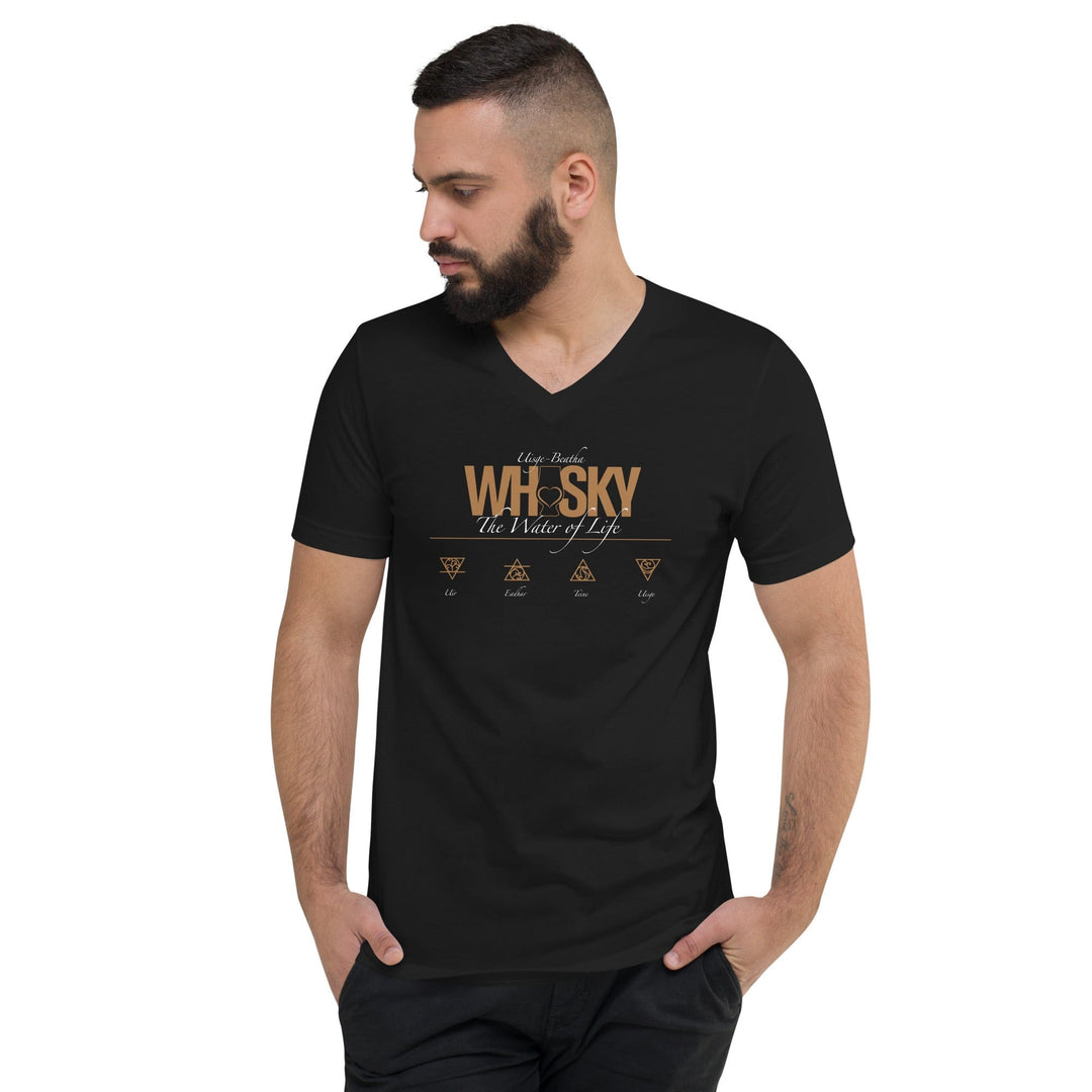 Whisky The Water of Life (AMBER) V-Neck Short Sleeve Unisex T-Shirt S by Wandering Spirits Global