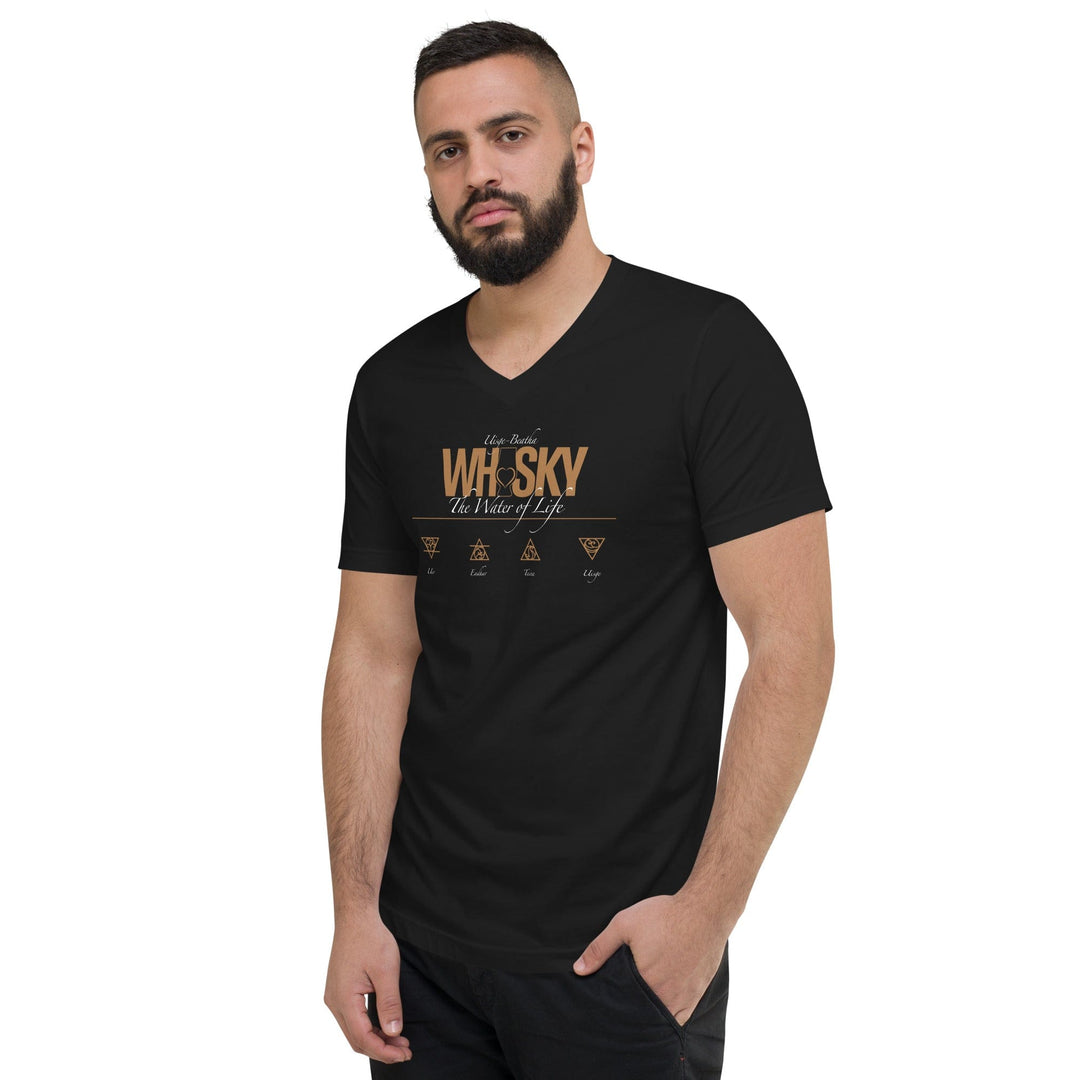 Whisky The Water of Life (AMBER) V-Neck Short Sleeve Unisex T-Shirt by Wandering Spirits Global