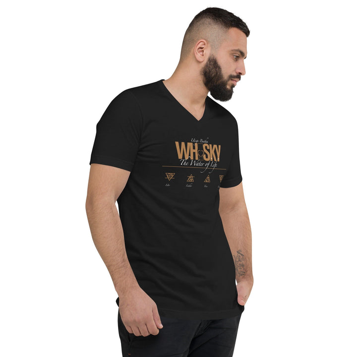 Whisky The Water of Life (AMBER) V-Neck Short Sleeve Unisex T-Shirt by Wandering Spirits Global