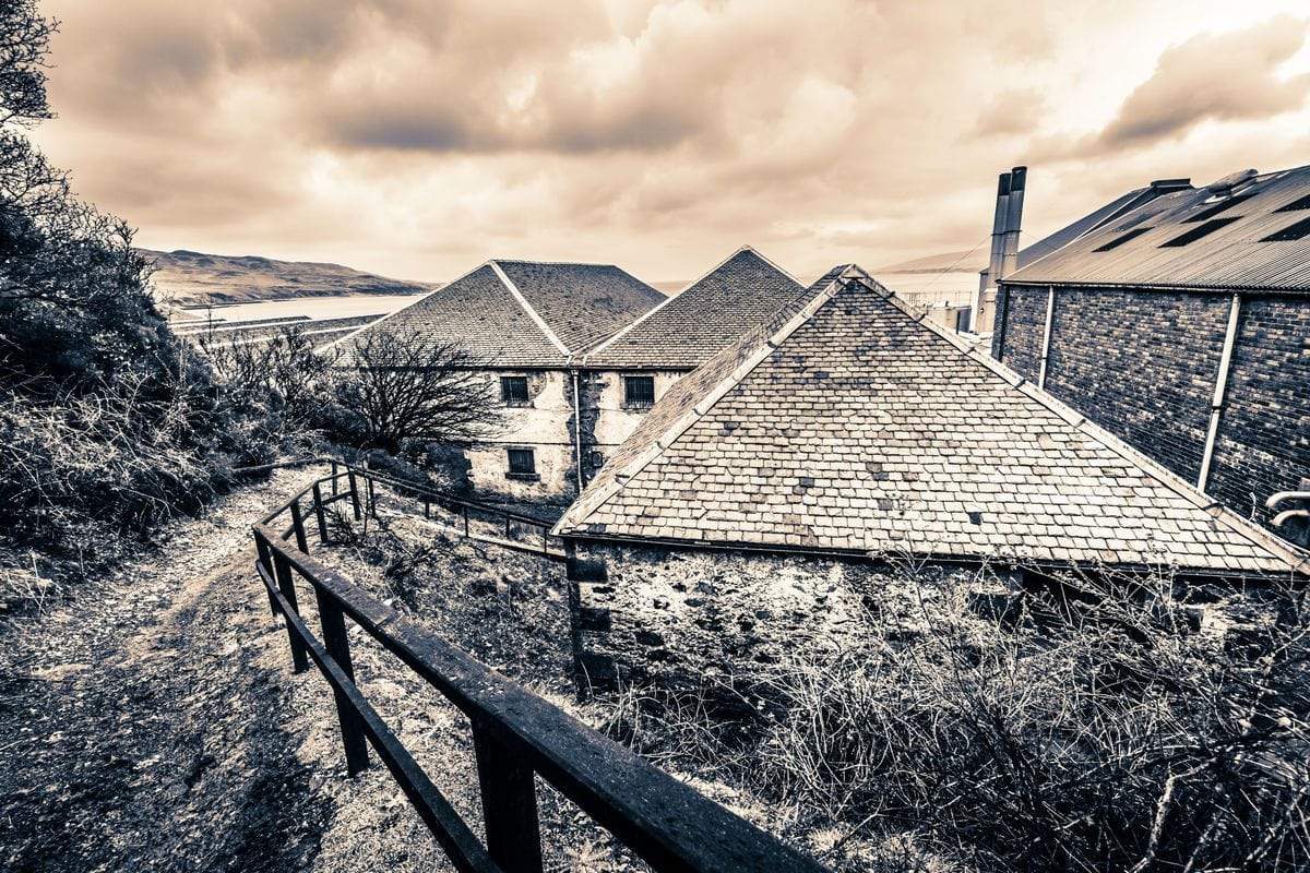 View From Above Bunnahabhain Distillery Fine Art Print with Hanger by Wandering Spirits Global