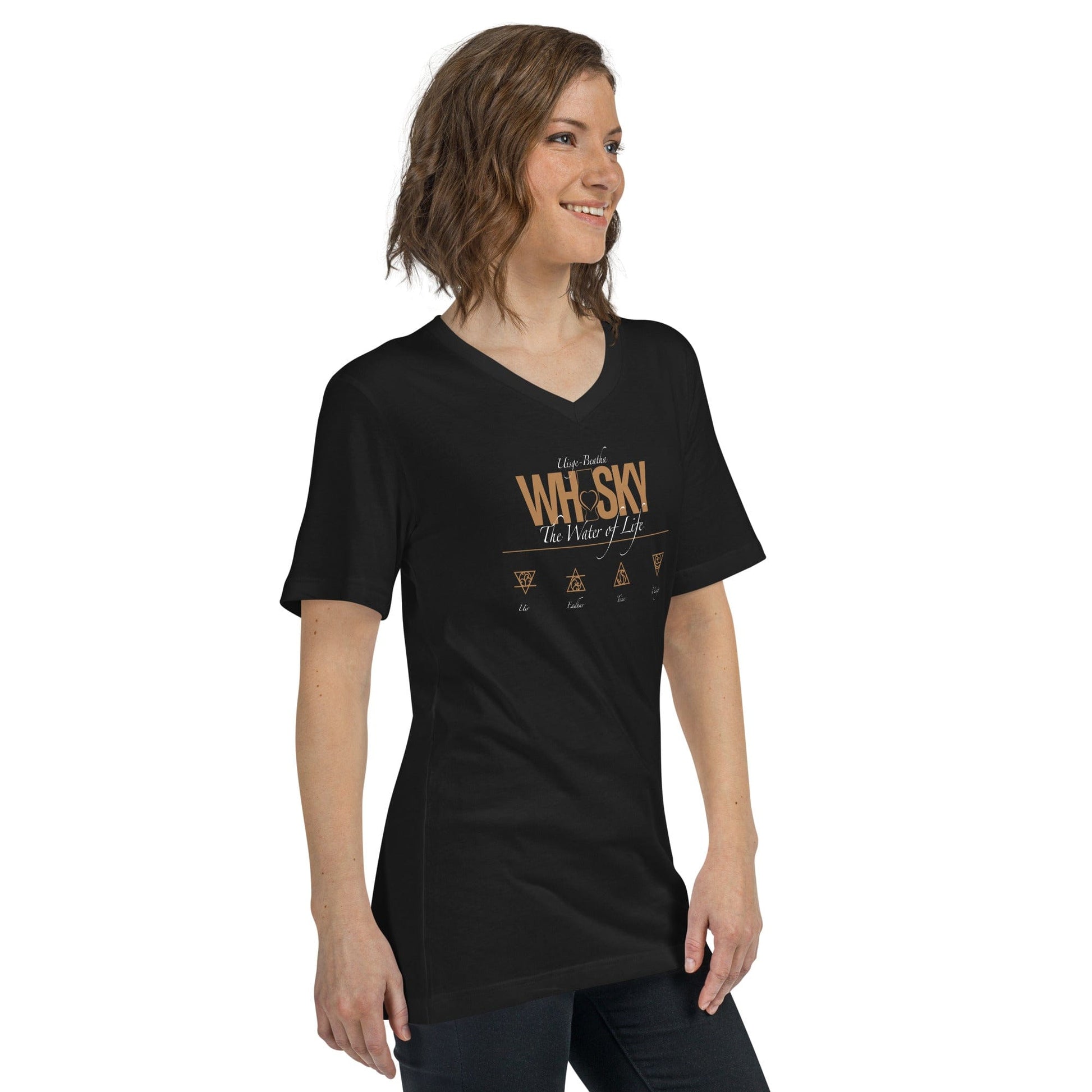 Whisky The Water of Life (AMBER) V-Neck Short Sleeve Unisex T-Shirt by Wandering Spirits Global