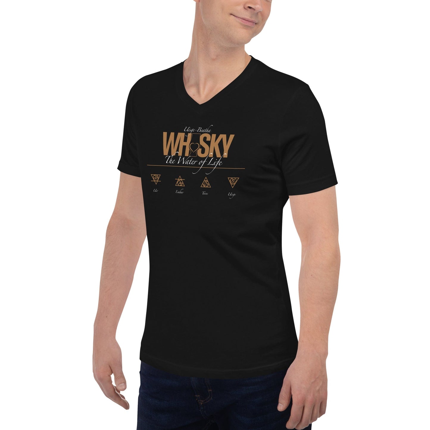 Whisky The Water of Life (AMBER) V-Neck Short Sleeve Unisex T-Shirt by Wandering Spirits Global
