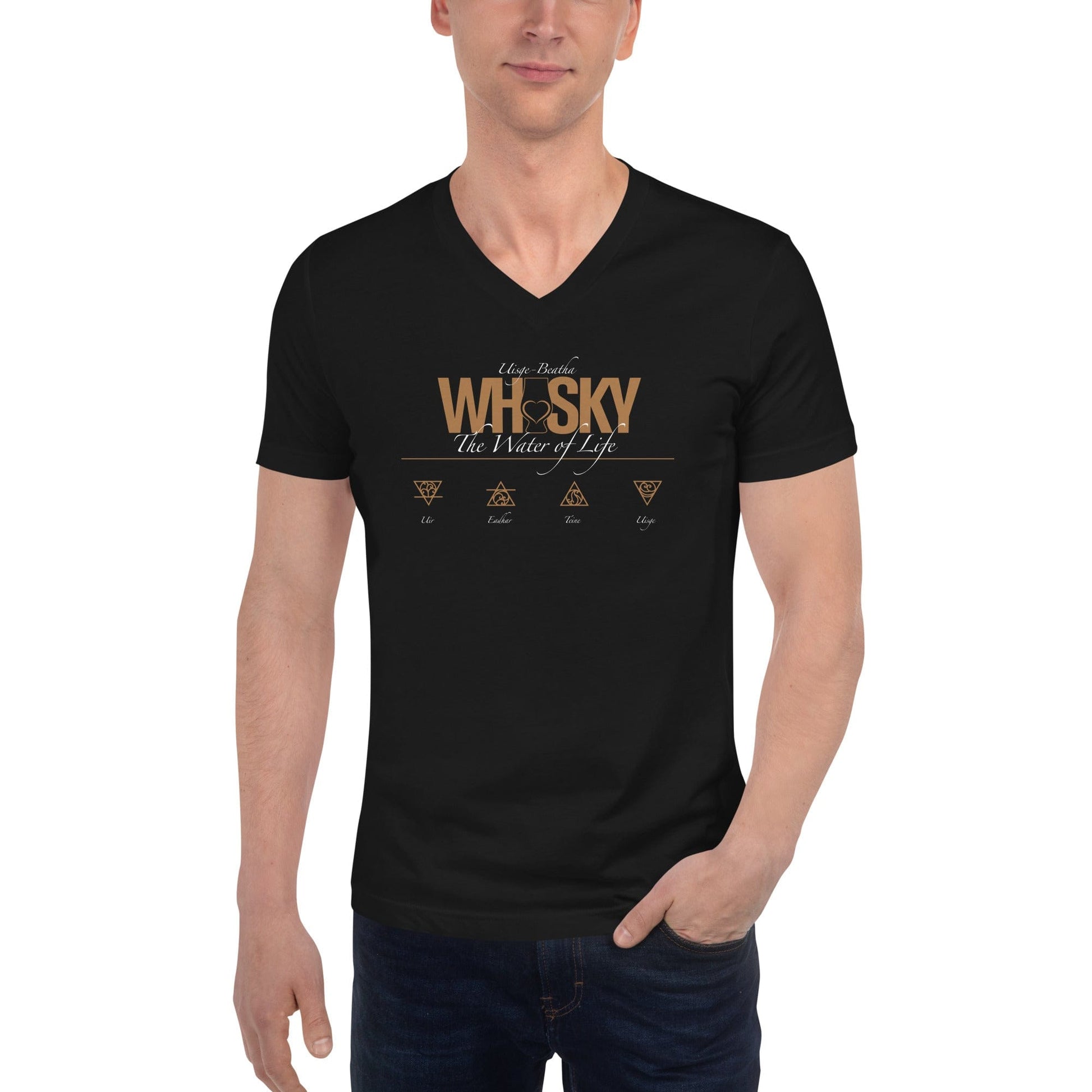 Whisky The Water of Life (AMBER) V-Neck Short Sleeve Unisex T-Shirt by Wandering Spirits Global
