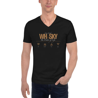 Whisky The Water of Life (AMBER) V-Neck Short Sleeve Unisex T-Shirt by Wandering Spirits Global