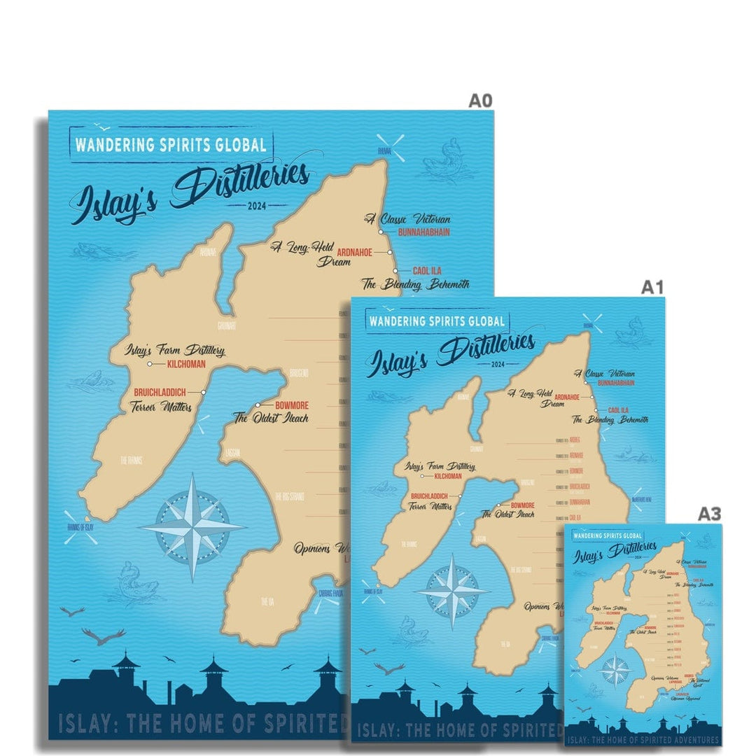 Islay Distillery Map Blue Toned Art Poster by Wandering Spirits Global