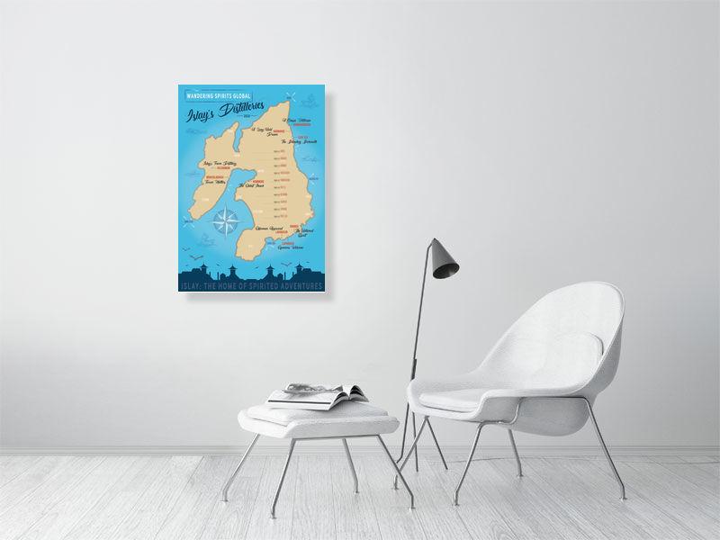 59.4 cm x 84.0 cm, 23.4 inches x 33.1 inches Islay Distilleries Map Blue Toned Fine Art Print by Wandering Spirits Global