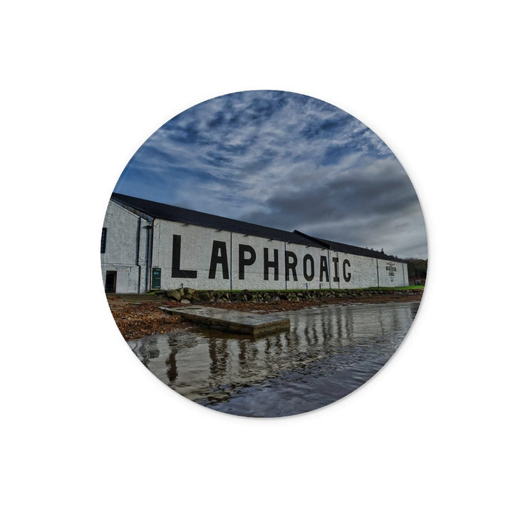 Laphroaig Distillery Warehouse Full Colour Glass Chopping Board 12" Round by Wandering Spirits Global