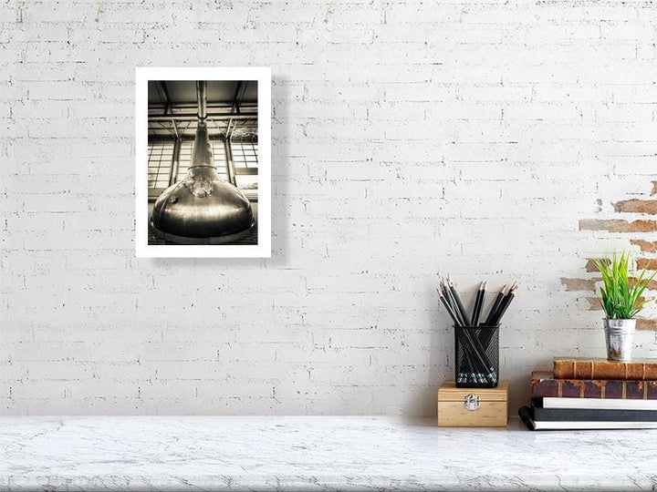 21.2 cm x 29.7 cm, 8.4 inches x 11.7 inches Glen Ord Distillery Still Golden Black and White Fine Art Print by Wandering Spirits Global