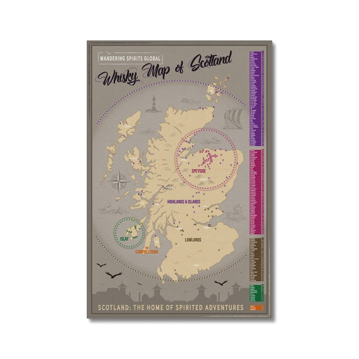 Scotland Distillery Map Canvas 24"x36" / White Wrap by Wandering Spirits Global
