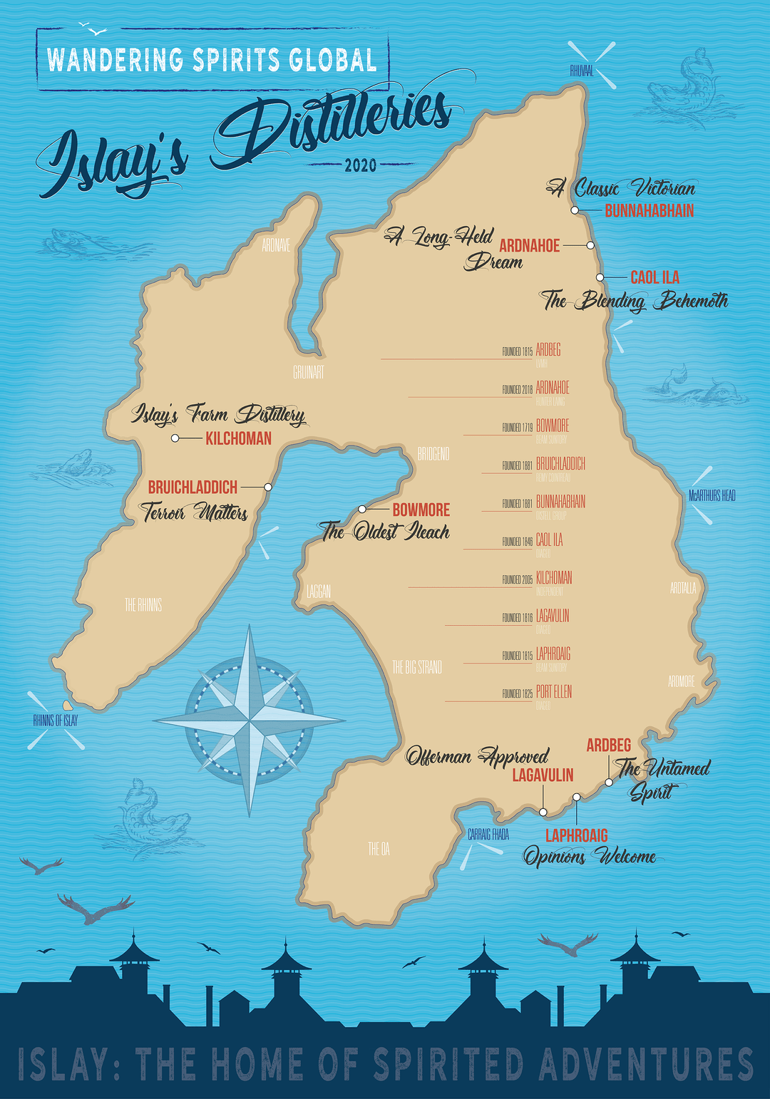 Islay Distilleries Map Blue Sea Matte Poster by Wandering Spirits Global