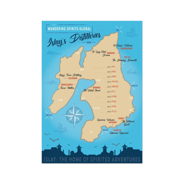 Islay Distillery Map Blue Toned Art Poster A1 Portrait by Wandering Spirits Global
