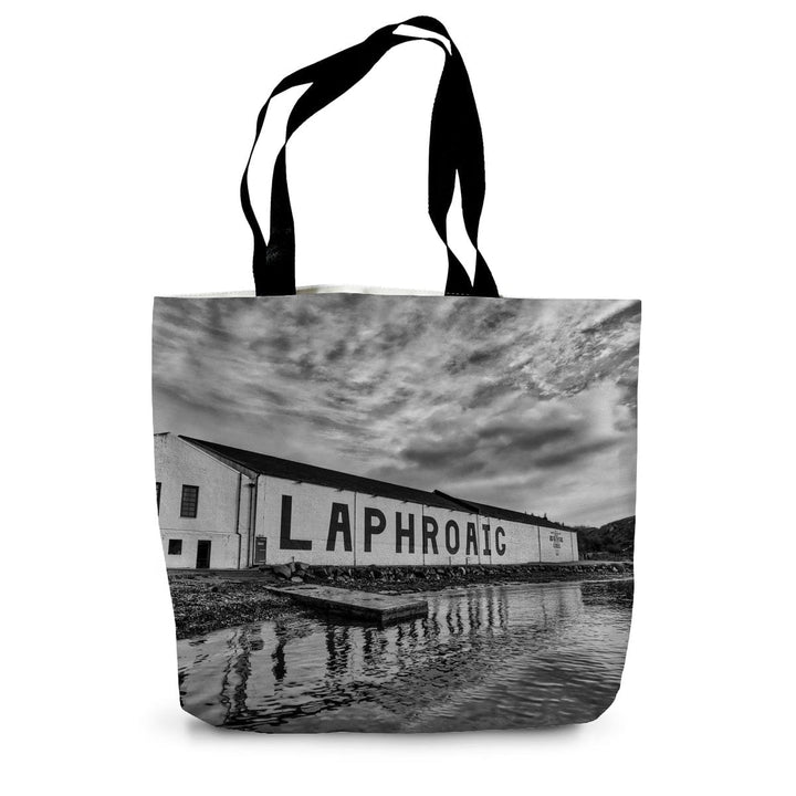 Laphroaig Distillery Islay Black and White Canvas Tote Bag 14"x18.5" by Wandering Spirits Global