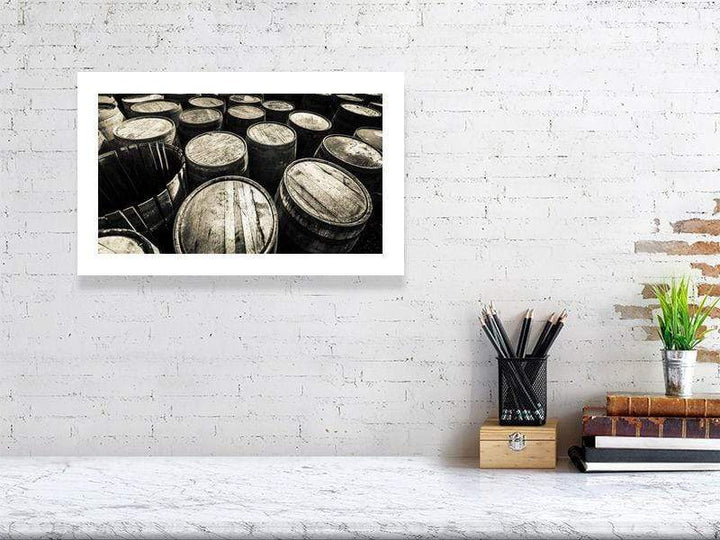 28.9 cm x 46.6 cm, 11.4 inches x 18.4 inches Dalmore Distillery Casks Golden Toned Fine Art Print by Wandering Spirits Global