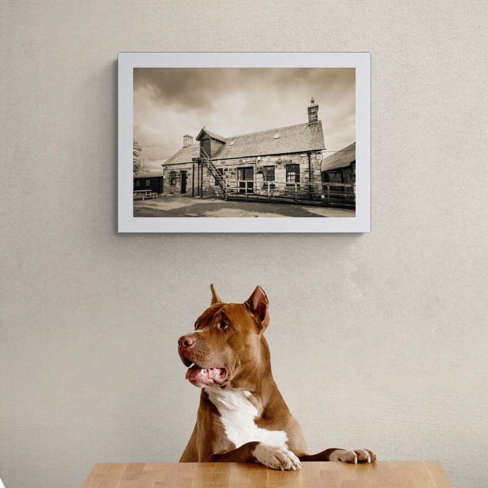 Clynelish Brora Distillery Office Golden Black and White Fine Art Print 41.9 cm x 59.4 cm, 16.5 inches x 23.4 inches by Wandering Spirits Global