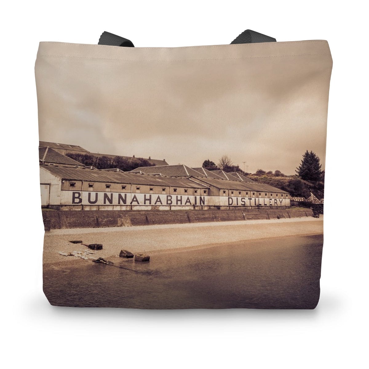 Bunnahabhain Distillery Warehouse Soft Colour Canvas Tote Bag 14"x18.5" by Wandering Spirits Global