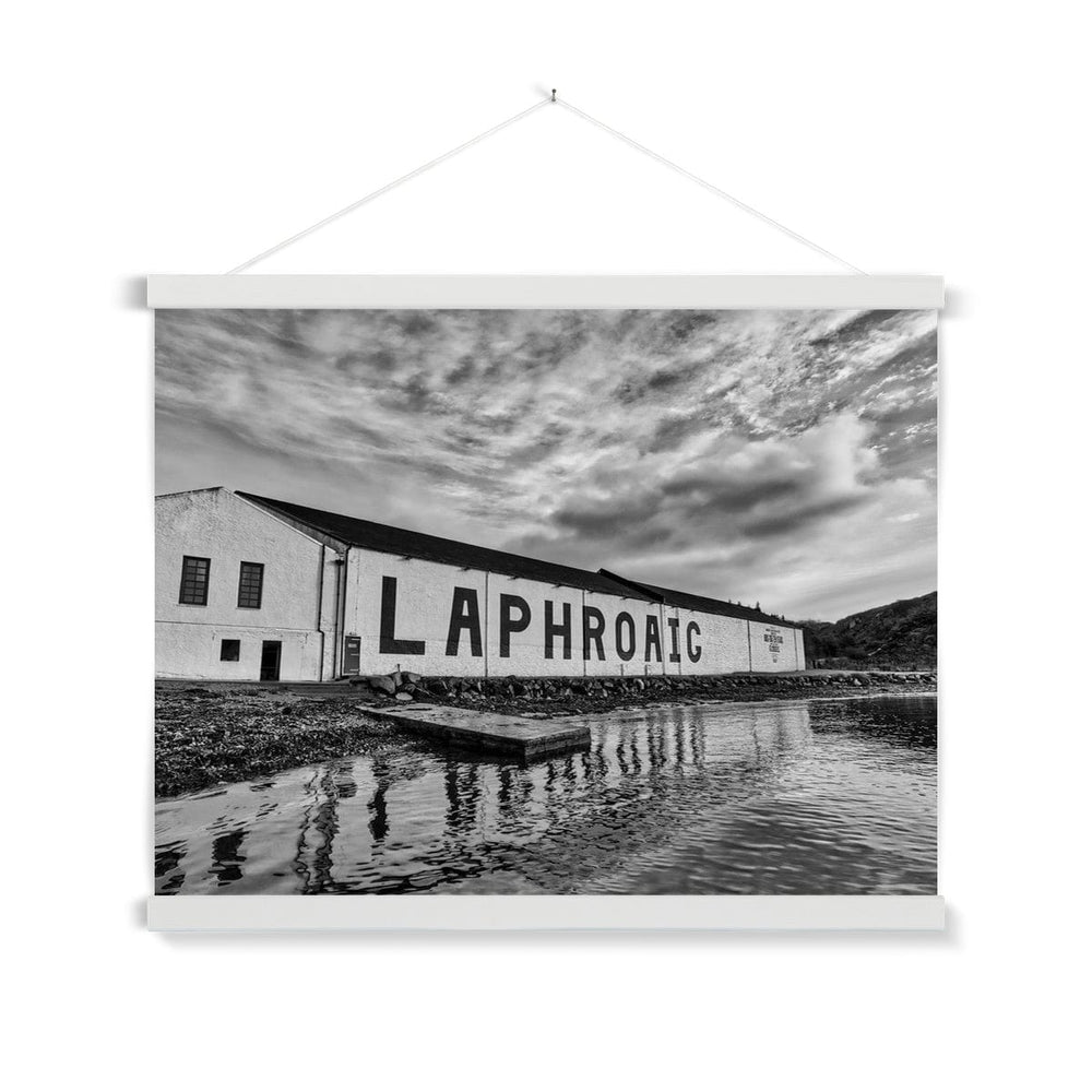 Laphroaig Distillery Islay Black and White Fine Art Print with Hanger 24"x18" / White Frame by Wandering Spirits Global