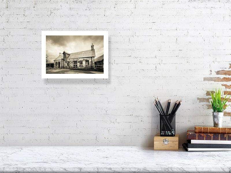 21.1 cm x 29.7 cm, 8.3 inches x 11.7 inches Clynelish Brora Distillery Office Golden Black and White Fine Art Print by Wandering Spirits Global