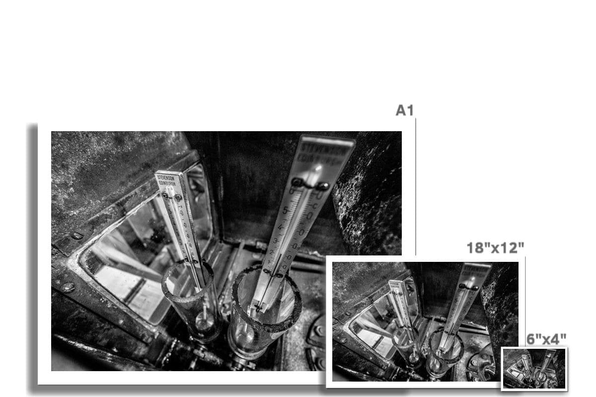 Distilling Thermometers Laphroaig Black and White Hahnemühle Photo Rag Print by Wandering Spirits Global