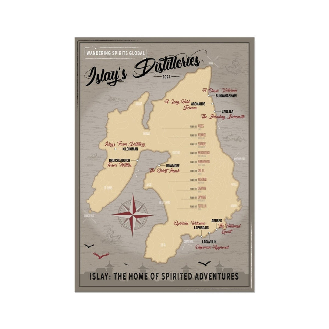 Islay Distillery Map Dark Toned Hahnemühle German Etching Print A1 Portrait by Wandering Spirits Global