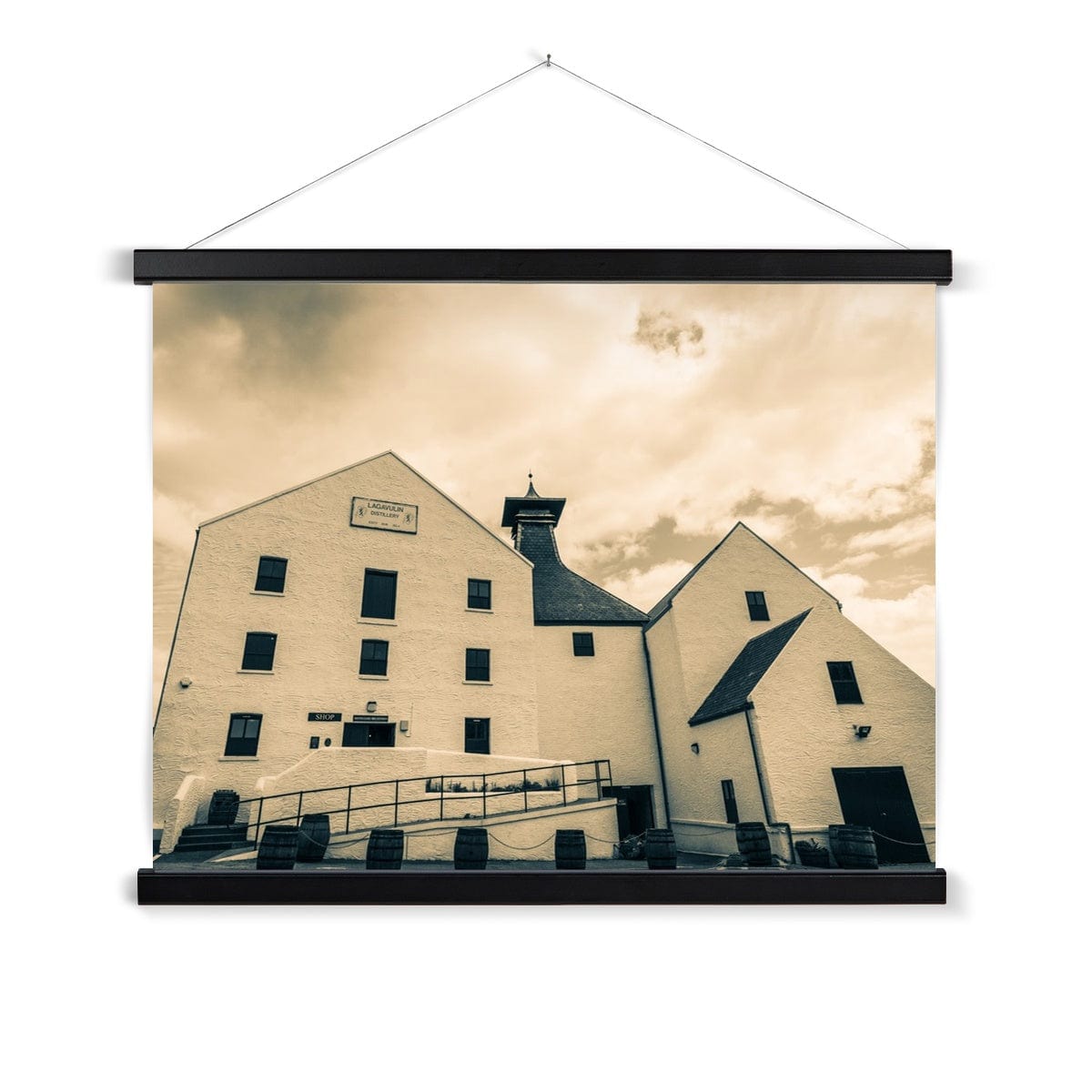 Lagavulin Distillery Golden Toned Fine Art Print with Hanger 24"x18" / Black Frame by Wandering Spirits Global