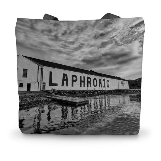 Laphroaig Distillery Islay Black and White Canvas Tote Bag 14"x18.5" by Wandering Spirits Global