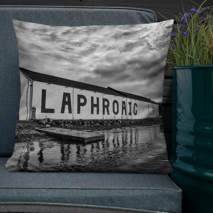 Laphroaig Distillery Black and White Premium Pillow by Wandering Spirits Global