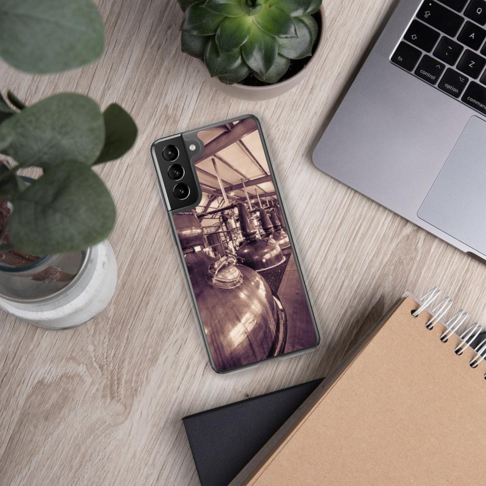 Samsung Galaxy S21 Plus Spirit and Wash Stills Laphroaig Distillery Sepia Toned Samsung Case by Wandering Spirits Global