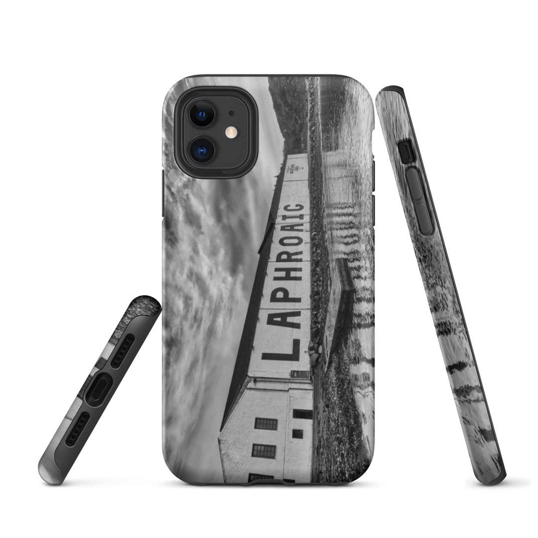 Laphroaig Distillery Warehouse Black and White Tough iPhone Case iPhone 11 by Wandering Spirits Global