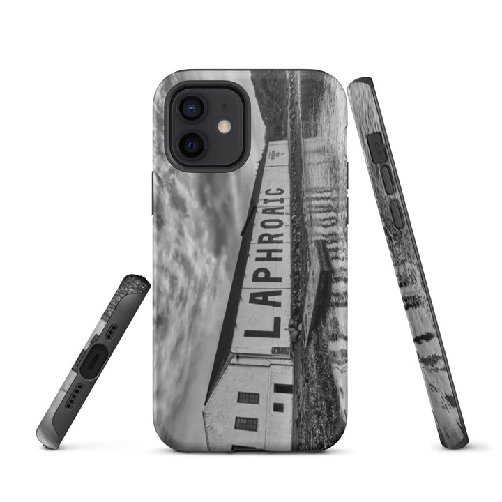 Laphroaig Distillery Warehouse Black and White Tough iPhone Case iPhone 12 by Wandering Spirits Global